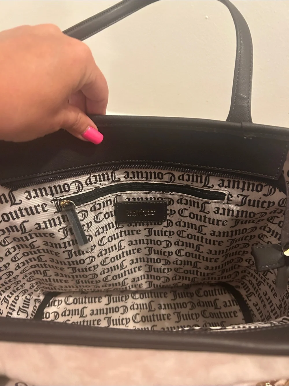 Juicy Couture Blush Pink Canvas Tote with Dark Brown Trim and Gold Crown Charm